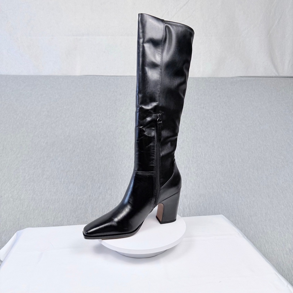 Franco Sarto Jonie Black Leather Knee High Square Toe Block Heel Boots Womens 7M